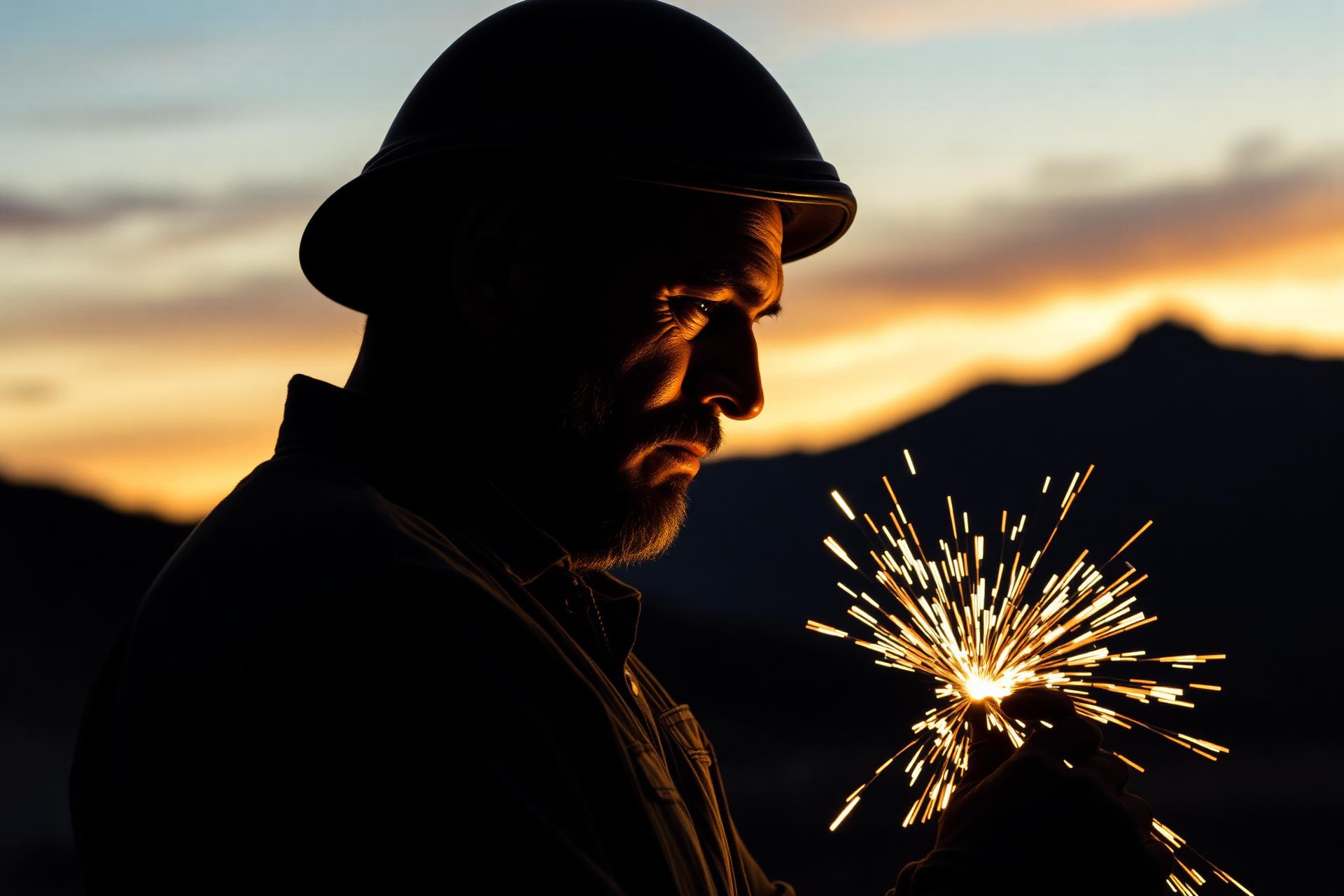 Welder at sunset in the California mountains